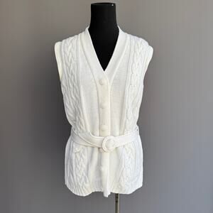Vtg 70s Cable Knit Sweater Vest 100% Virgin Acrylic Fibre -Size L  White Belted